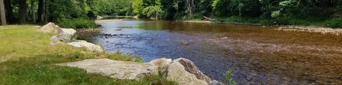 A view of a river riffle with rocks in the foreground