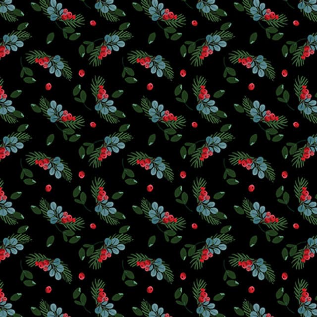 2024 All New England Shop Hop Fabric Winter Holly Black 1478312B