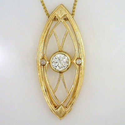 Fine Diamond Architectural Style Artisan Made Gold Pendant