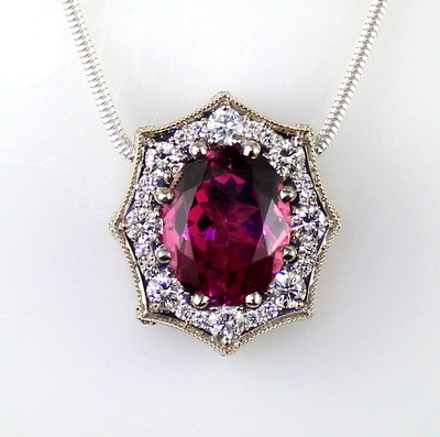 Dark Pink Maine Tourmaline and Diamond Pendant by Derek Katzenbach