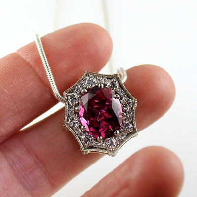 Dark Pink Maine Tourmaline and Diamond Pendant by Derek Katzenbach