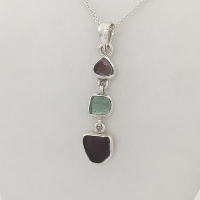 Three Stone Maine Tourmaline & Rose Quartz Cabochon Pendant