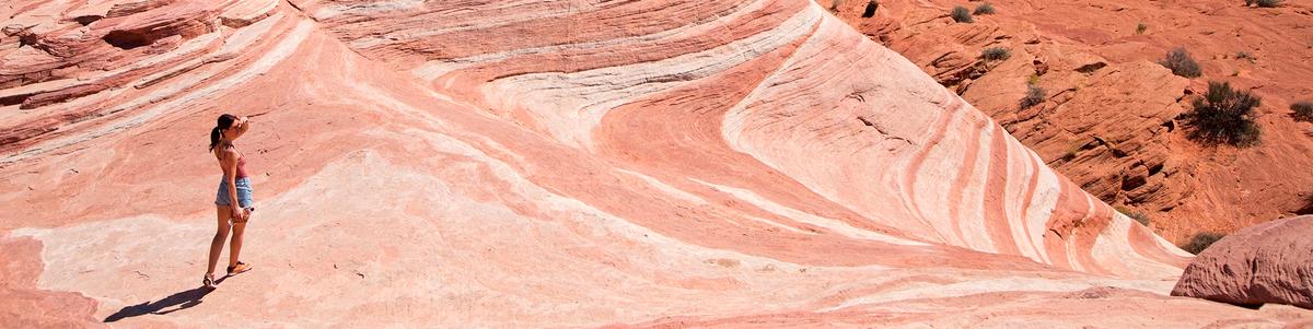 A woman looks out over sandstone desert