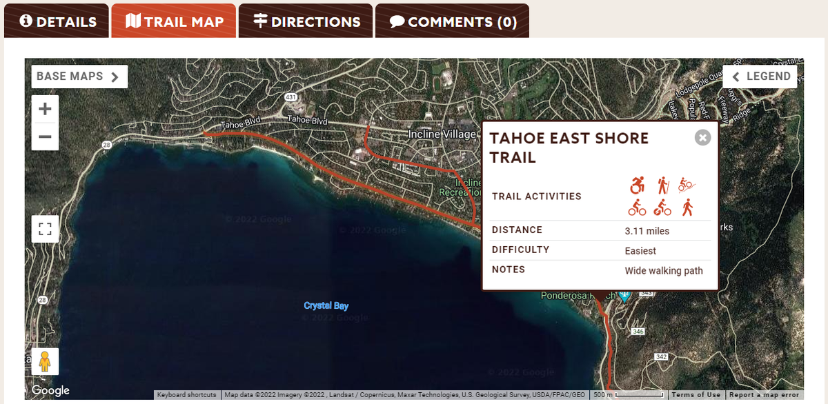A screenshot shows a map of trails and a pop up that describes the trail