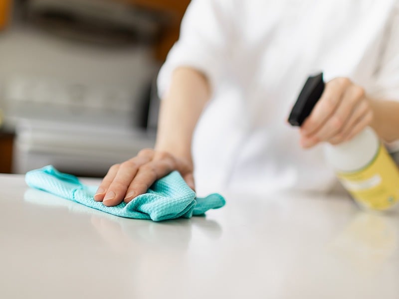 homeowner disinfecting kitchen counter to repel ants