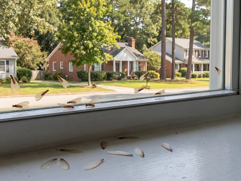 termite swarmers and wings on window