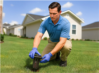 termite control technician setting a bait station