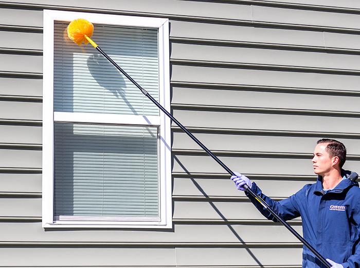 pest control technician knocks down spider webs