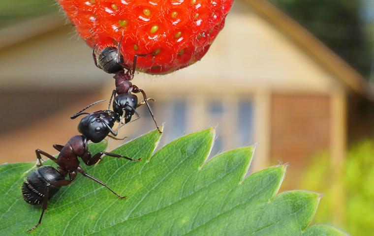 two ants on strawberry plant