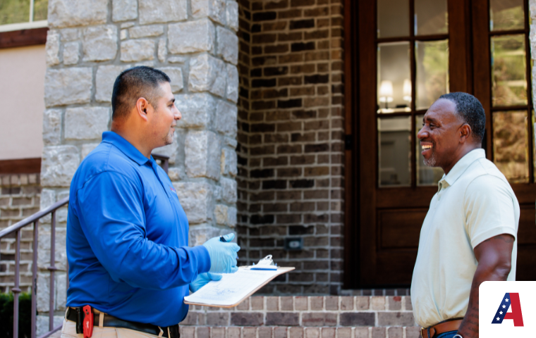 All-American Pest Control employee talking to customer on porch