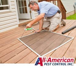 a pest control technician spraying a window screen