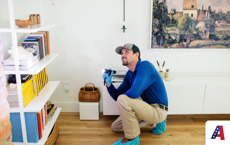 A male pest control technician wearing a blue shirt, cap, gloves, and blue shoe booties kneels in a living room while using a flashlight to inspect a white bookshelf for pests.