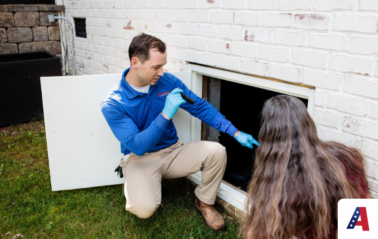 A pest control technician uses a flashlight to point out entry points inside an open crawl space to a homeowner outside a white brick house.