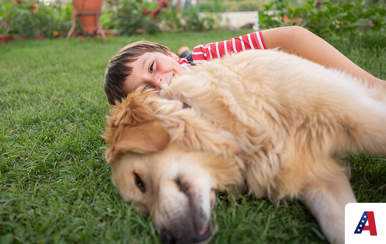 boy and dog in grass