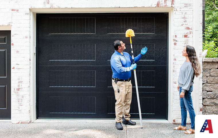 pest expert sweeping spiderwebs