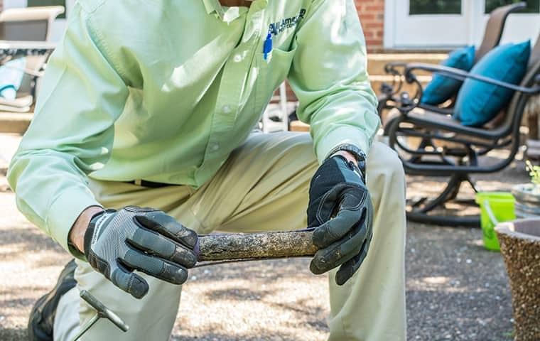 a pest control professional checking a termite baiting station