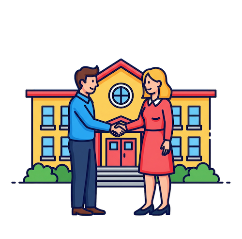 Departing staff icon depicting two adults shaking hands in front of a school building