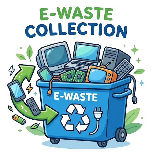 E-waste icon depicting a recycling bin with old electronics overflowing