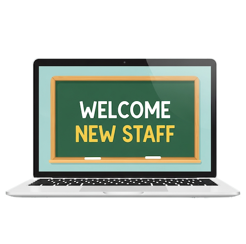 New staff checklist icon depicting a laptop with Welcome New Staff on the screen