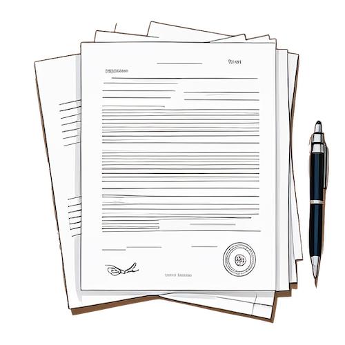 Technology related policies icon depicting a stack of official papers and a pen